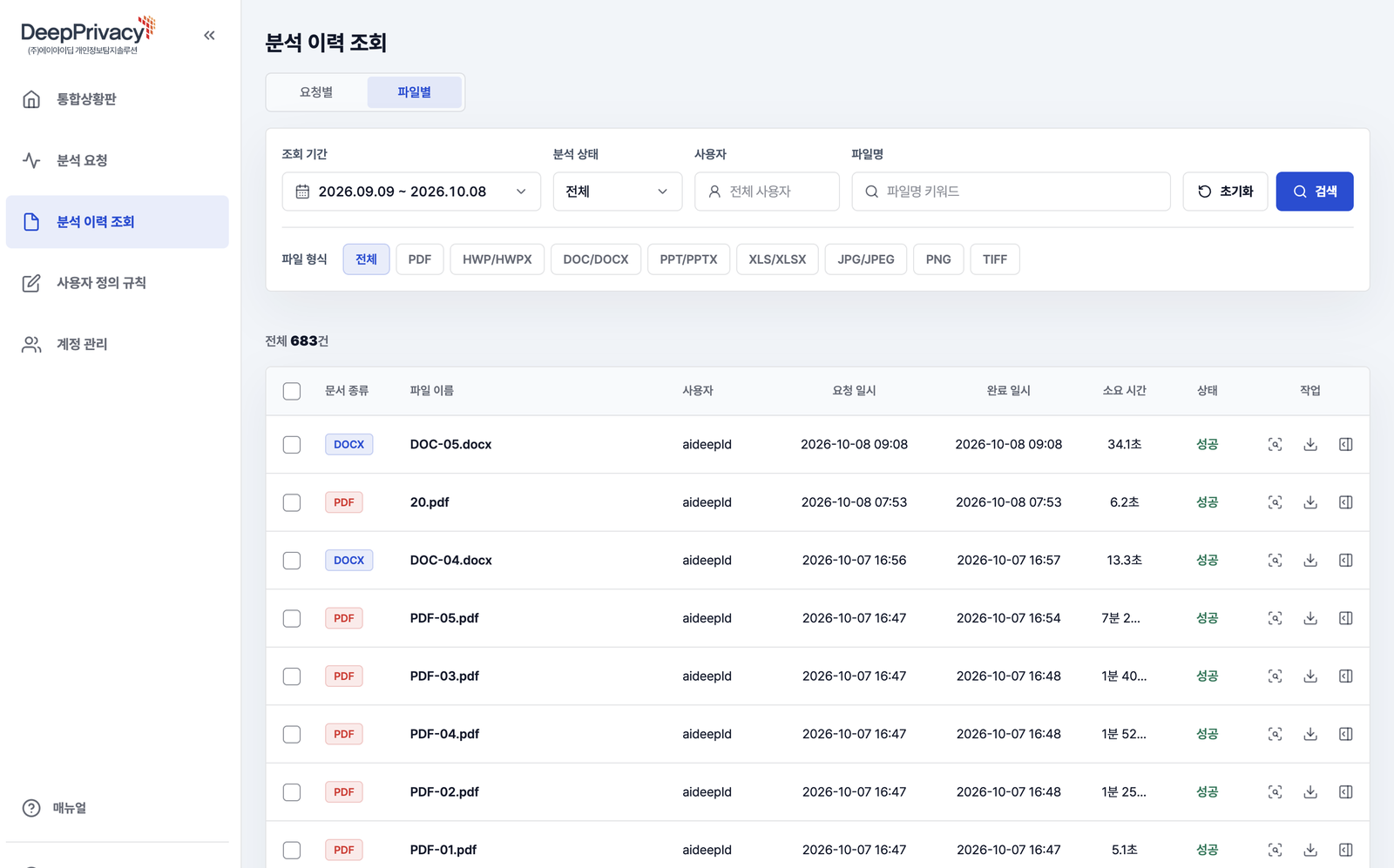 DeepPrivacy 분석 이력 조회 화면 — 문서 타입별 필터와 처리 결과 목록