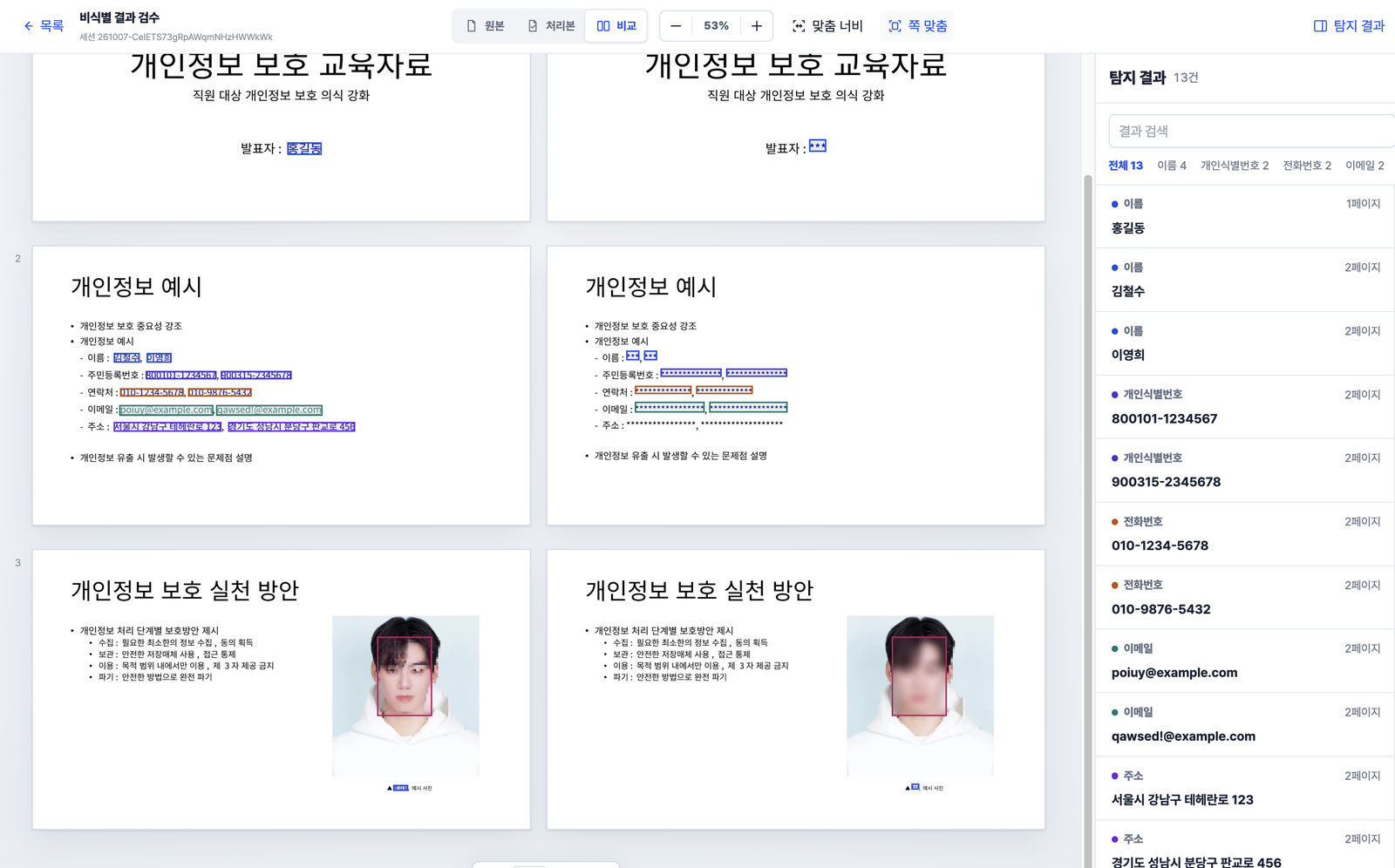 DeepPrivacy 비식별 결과 검수 화면 — 원본과 처리본 비교, 항목별 탐지 결과 목록
